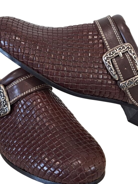 Justin Shoes - Justin Clogs Brown Leather Woven Mule Shoes Silver Buckle Leather Women 7.5 8
